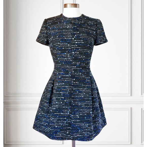 Christian DIOR Tweed Flare Mini Party Dress Size 6 Black Blue Sparkle - Picture 1 of 16
